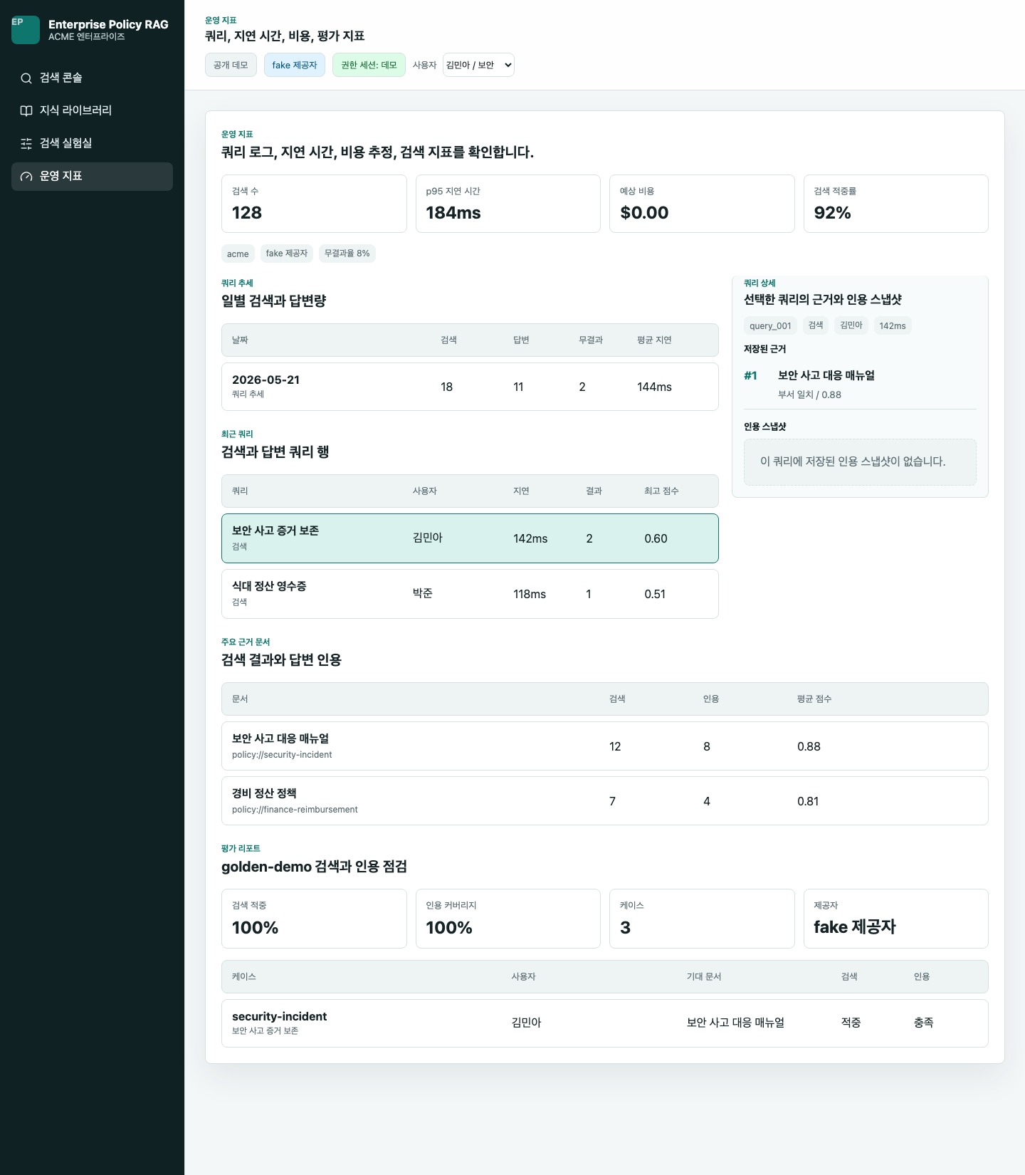 권한별 검색 결과, 답변 출처, 질문 이력을 보여 주는 관리 화면